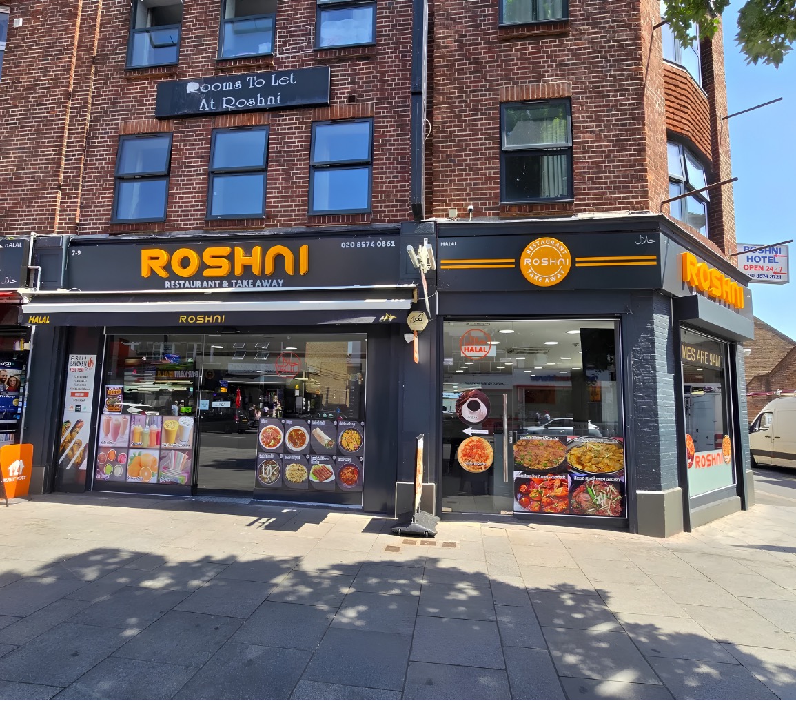 Roshni Restaurant storefront on South Road, Southall